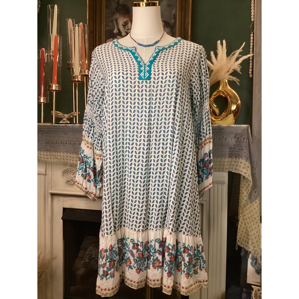 Umgee USA Boho Floral Geometric Tunic Dress Blue Pink White Medium C3257